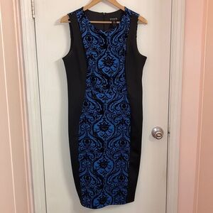 Enfocus Studio sleeveless black and blue dress with patterned design in center